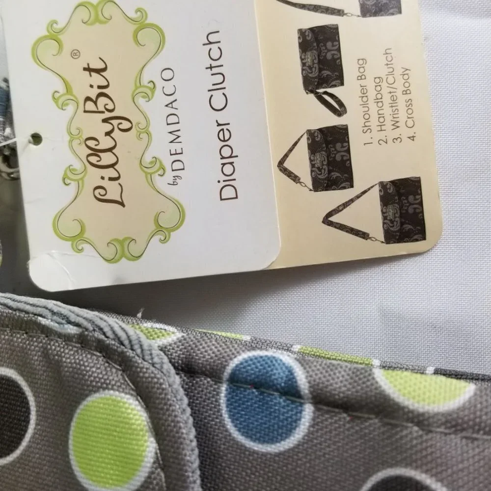 Lilly Bit Diaper Bag Baby Messenger Bag Crossbody Purse Pack Gray Green Dot NWT